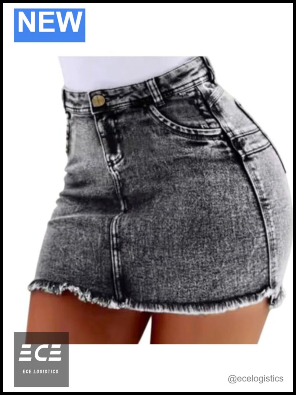 High Waisted Denim Mini Skirt Frayed Hem Cotton Blend Casual